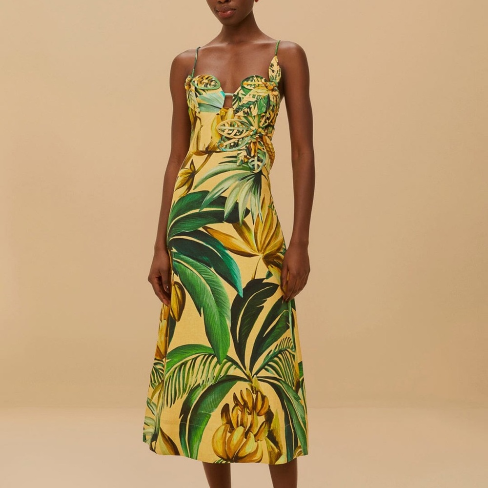 Farm Rio Yellow Bananart 3d Bodice Midi Dress